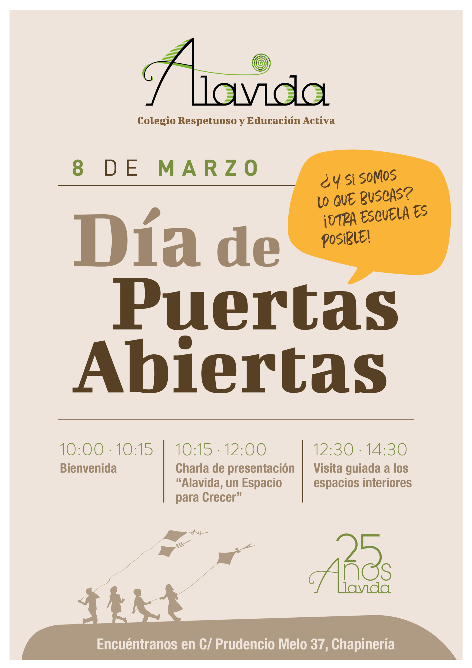 Alavida, colegio de educación activa, colegio respetuoso, día de puertas abiertas, 8 de marzo de 2026, otra escuela es posible, 25 aniversario Alavida
